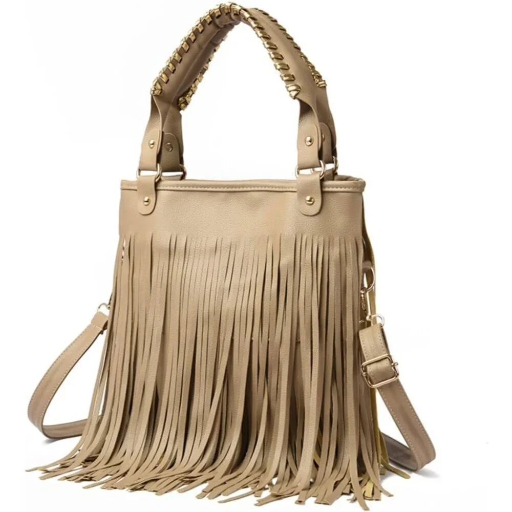 Handbag Faux Leather Shoulder Crossbody Purse with Rivets and Fringes